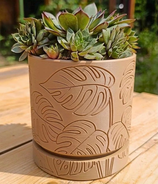 Pot d'arrosage automatique Monstera Leaf imprimé en 3D - Latte minimaliste